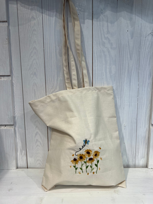 Tote Bag with Sunflowers and Bee - Tote Bag Embroidery Flower Bee - Embroidered Shopper Bag