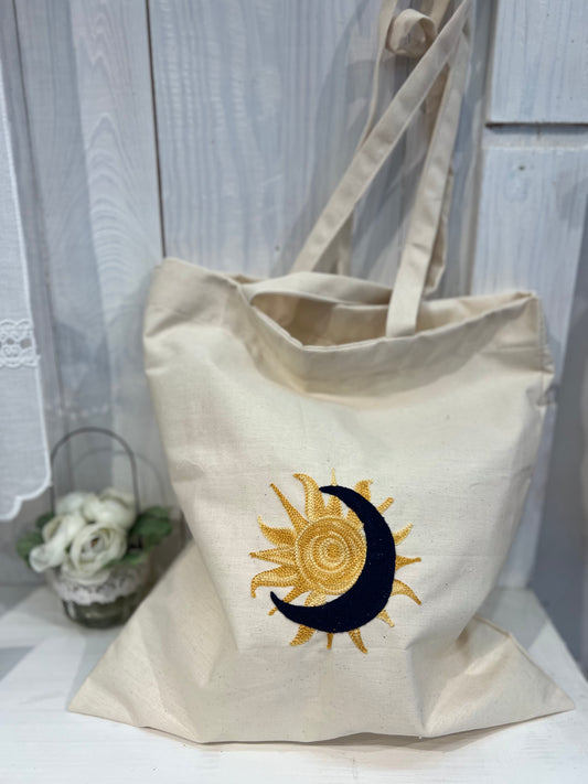 Embroidered Tote Bag with Sun and Moon - Tote Bag - Shopper Bag - Embroidered Tote Bag - Embroidered Shopper Bag - Sun and Moon