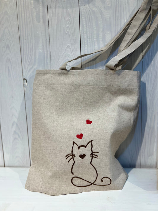 Tote Bag ricamata con gatto - Pronta per la spedizione - Pezzo Unico - Piacevolmente Country di Rosi Maria Cristina