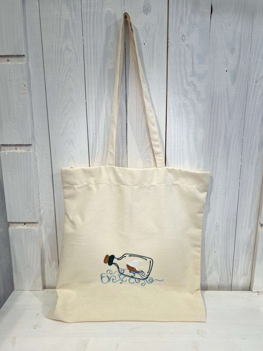 Tote Bag with Boat - Tote Bag - Shopper Bag - Tote Bag Embroidery Boat in the Bottle