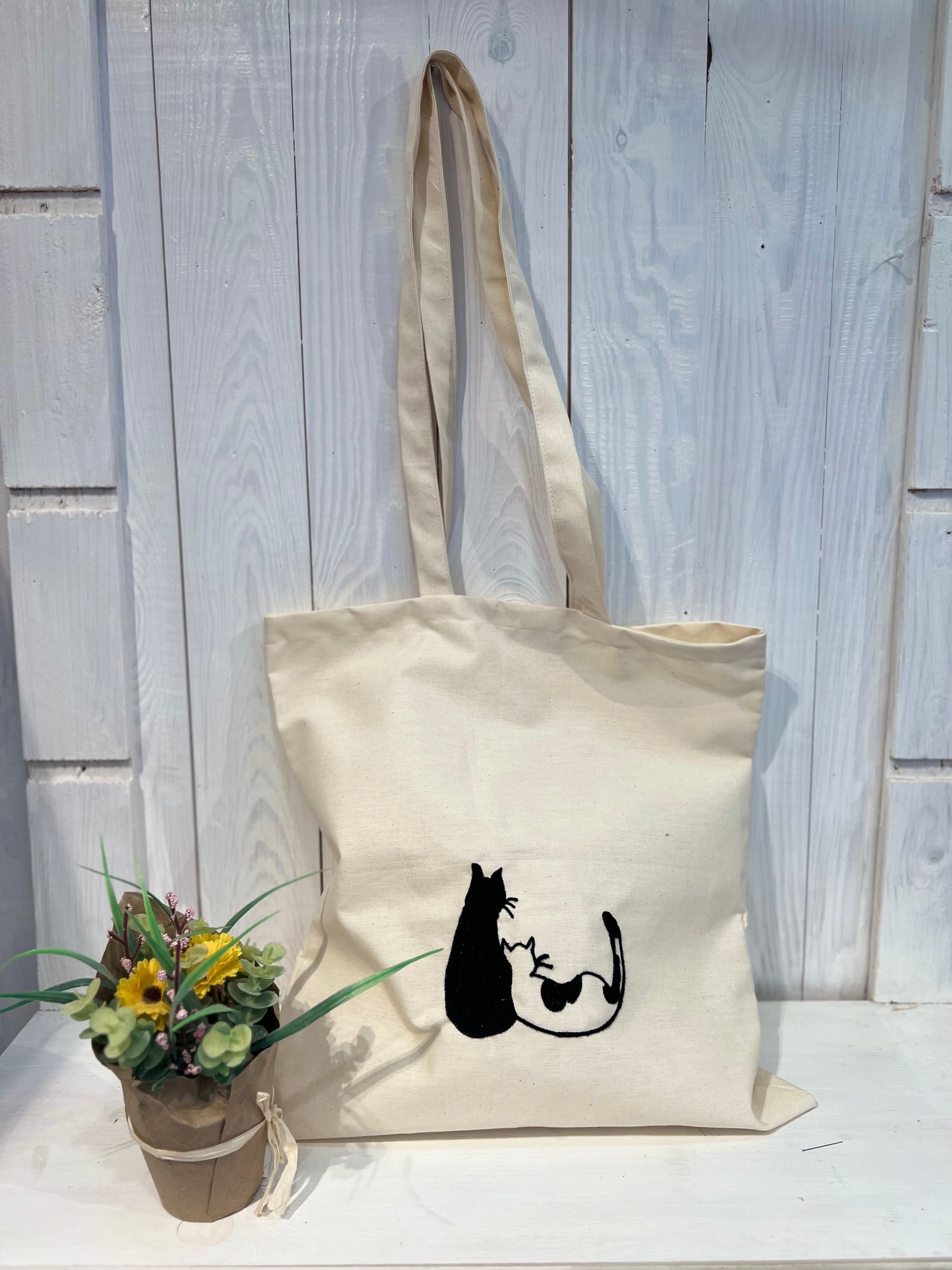 Tote Bag brodé de chats - Tote Bag - Tote Bag Brodé - Tote Bag Brodé Chats Amoureux - Shopper Bag - Brodé Shopper Bag Pièce Unique - Fait Main