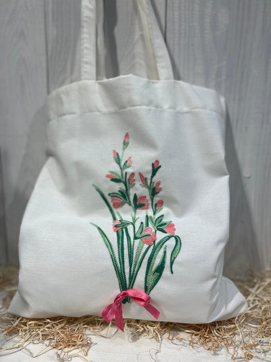 Tote Bag Floreale Country Chic - con Ricamo a Fiore e Fiocchetto - Pronto per la spedizione - Piacevolmente Country di Rosi Maria Cristina